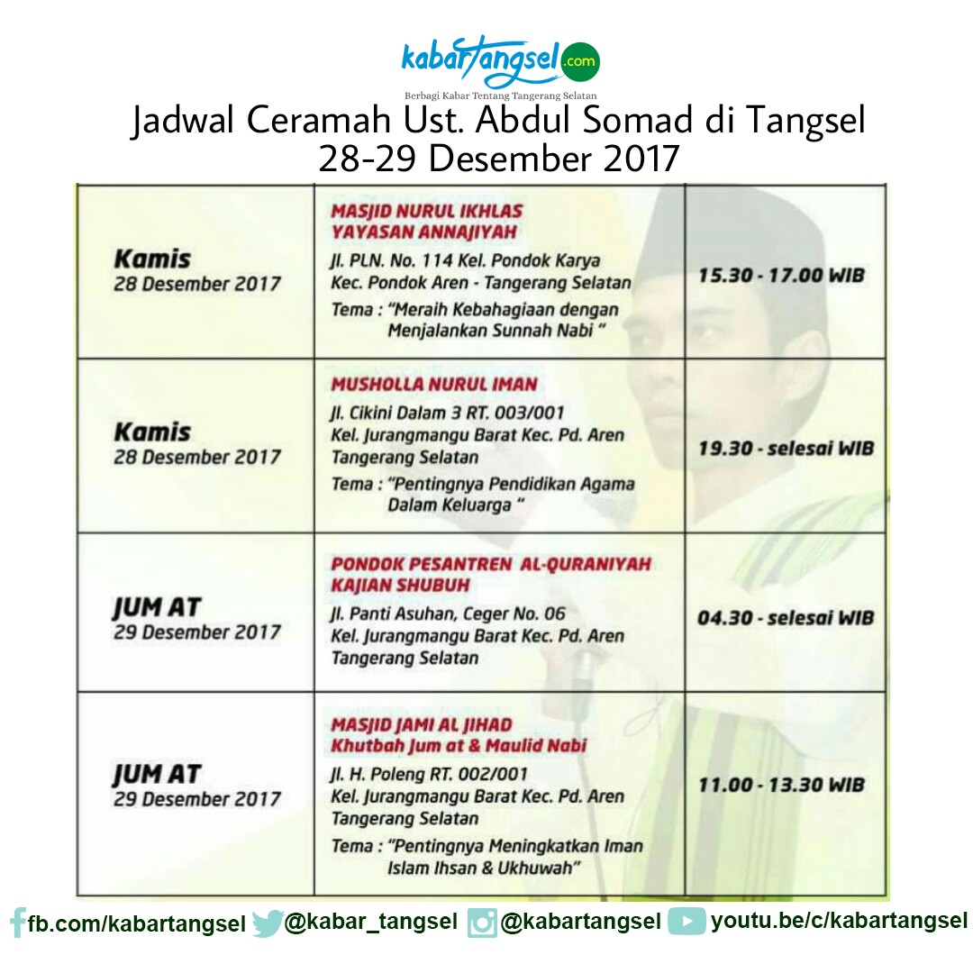 Jadwal Ceramah Ustadz Abdul Somad di Tangsel 28-29 