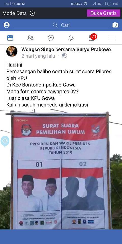 [BENAR] Penjelasan KPU Gowa terkait Baliho Surat Suara yang Tidak Mencantumkan Foto Capres-Cawapres Prabowo-Sandi