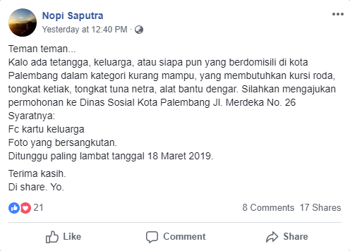 [SALAH] Info Pembagian Kursi Roda Gratis di Palembang