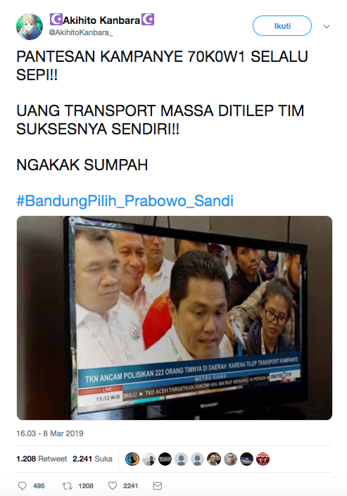 [SALAH] "Pantesan Kampanye 70K0W1 Selalu Sepi, Uang Transport Massa Ditilep Tim Suksesnya Sendiri"