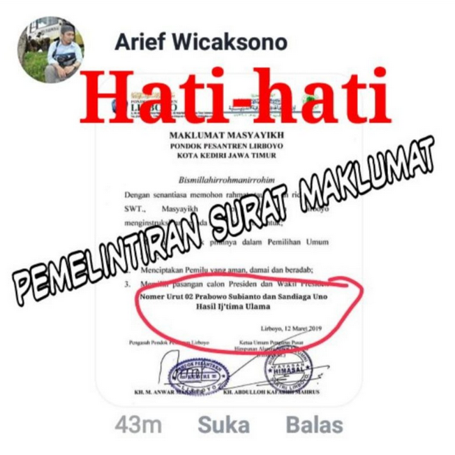 [SALAH] Maklumat Masyayikh Ponpes Lirboyo Dukung Prabowo - Sandi