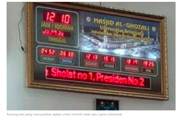 [BENAR] Papan Elektronik Masjid Unsri Diretas: 'Sholat no 1, Presiden No 2'