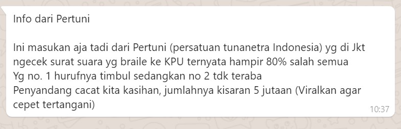 [SALAH] Masukan Persatuan Tunanetra Indonesia Terkait Braile Surat Suara di Jakarta 80% Salah Semua