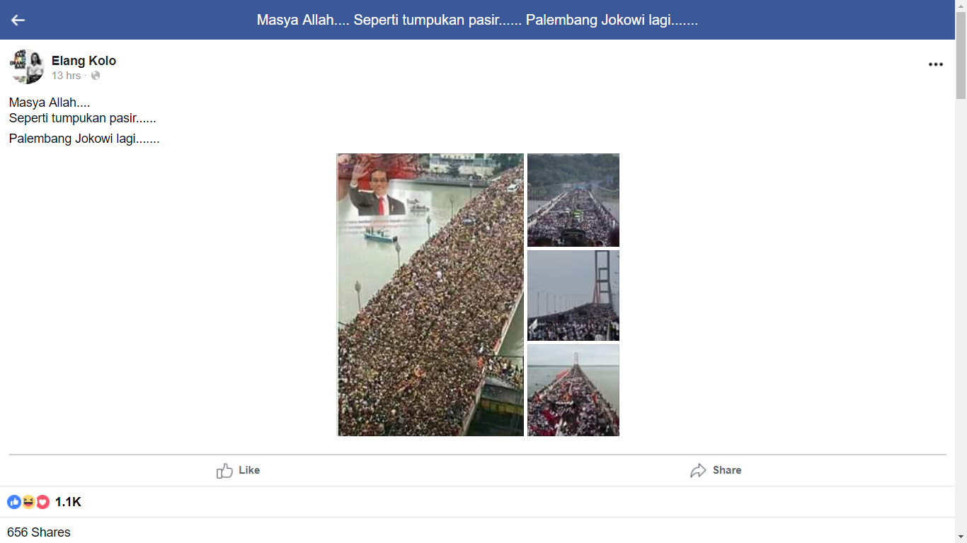 [SALAH] Jembatan di Palembang Dipenuhi Pendukung Jokowi, Saking Penuhnya Seperti Tumpukan Pasir