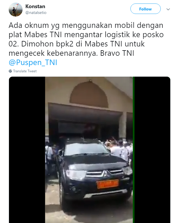 [BENAR] Penjelasan terkait Video Mobil Berplat TNI yang Membawa Logistik Kampanye Prabowo-Sandi