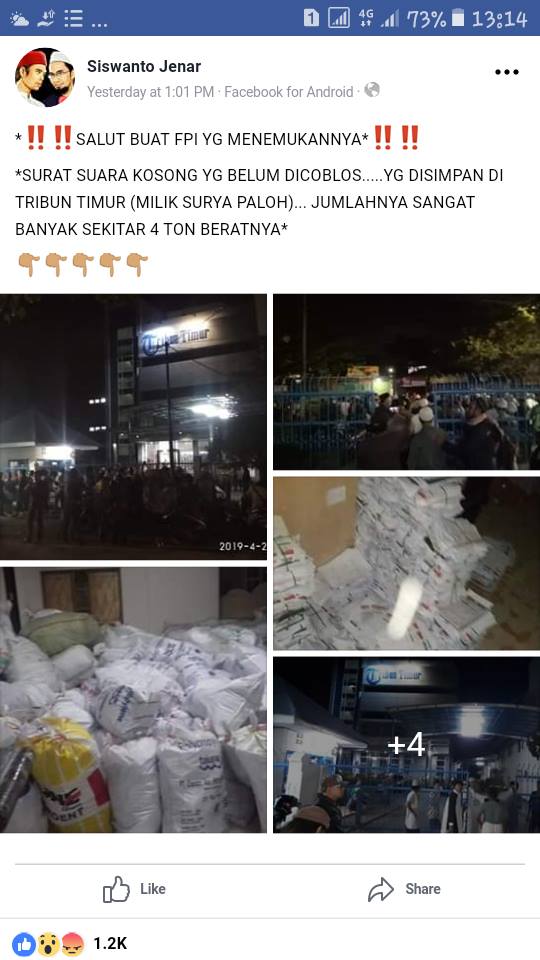 [SALAH] FPI Temukan 4 Ton Surat Suara Kosong yang Belum Dicoblos Tersimpan di Gudang Percetakan Tribun Timur