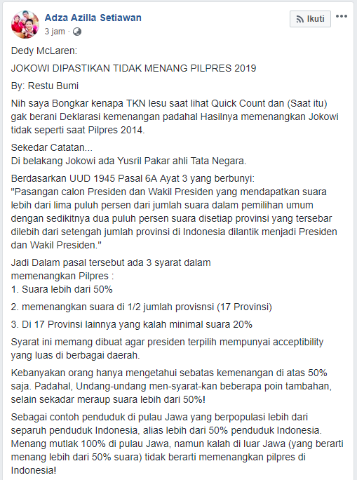[SALAH] "JOKOWI DIPASTIKAN TIDAK MENANG PILPRES 2019" By: Restu Bumi
