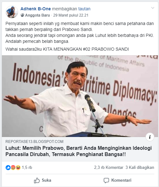 SALAH] Luhut: Memilih Prabowo, Berarti Anda Menginginkan Ideologi Pancasila Dirubah, Termasuk Penghianat Bangsa