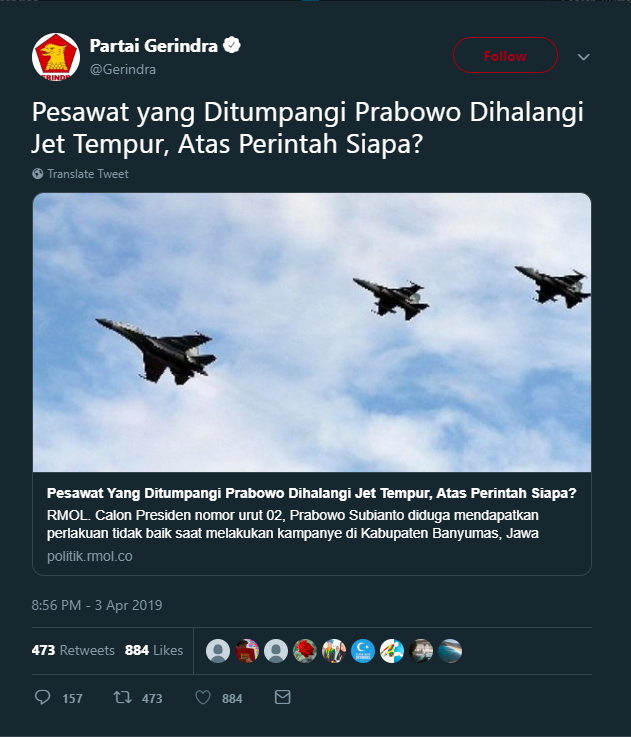 [SALAH] J.S Prabowo : "Pesawat yang ditumpangi Prabowo aborted take off karena saat akan take off diujung runway melintas 3 jet tempur"