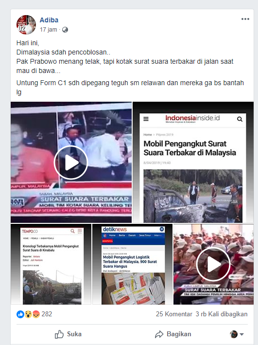 [SALAH] "Dimalaysia sdah pencoblosan, Pak Prabowo menang telak, tapi kotak surat suara terbakar di jalan saat mau di bawa"