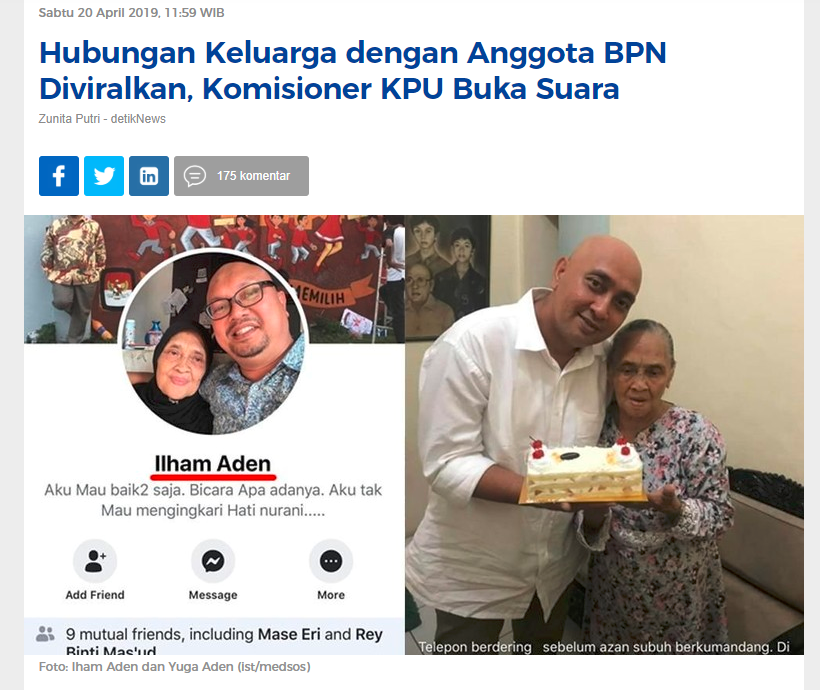 [BENAR] Komisioner KPU, Ilham Saputra adalah adik kandung Yuga Aden, Tim Komunikasi Badan Pemenangan Nasional (BPN)