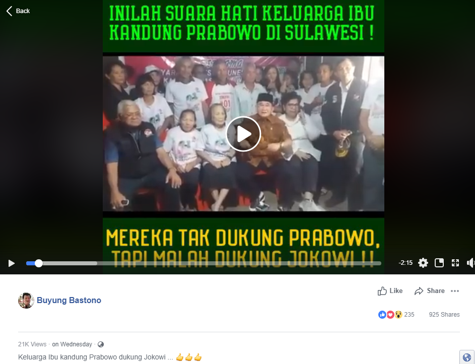 [BENAR] Fakta Sesungguhnya terkait Video Deklarasi Keluarga Ibu Kandung Prabowo di Minahasa Mendukung Jokowi dalam Pilpres 2019