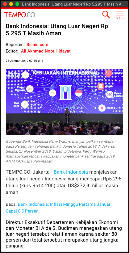 [BERITA] "Bank Indonesia: Utang Luar Negeri Rp 5.295 T Masih Aman"