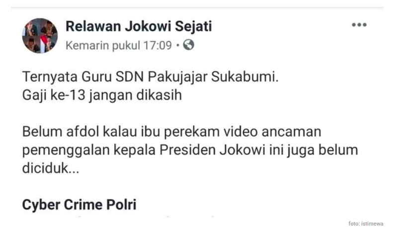 [SALAH] Ternyata Agnes Kusumahandari, Guru SDN Pakujajar Sukabumi perekam video ancaman pemenggalan kepala Presiden Jokowi