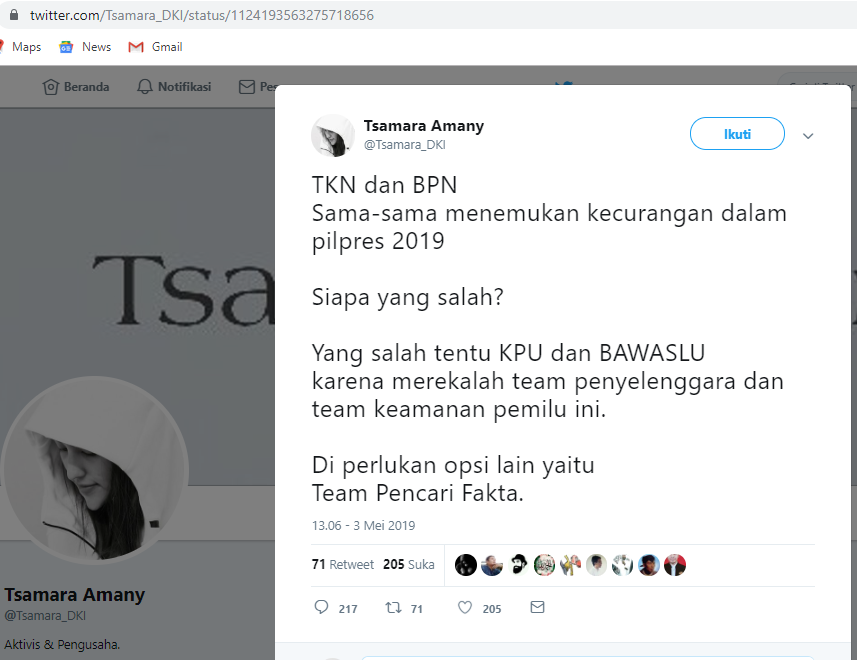 [SALAH] Melalui Akun Twitter, Politisi PSI Tsamara Amany Sebut TKN dan BPN Sama-sama Temukan Kecurangan, KPU dan Bawaslu yang Salah
