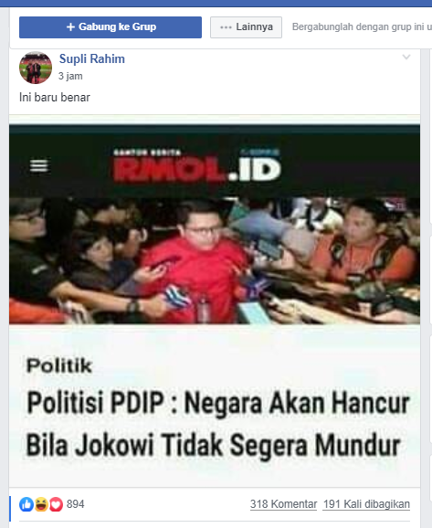 [SALAH] “Politisi PDIP : Negara Akan Hancur Bila Jokowi Tidak Segera Mundur”