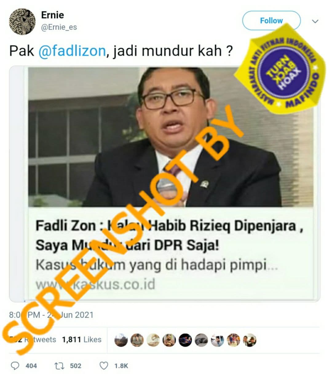 [SALAH] “Fadli Zon : Kalau Habib Rizieq Dipenjara , Saya Mundur dari DPR Saja!”