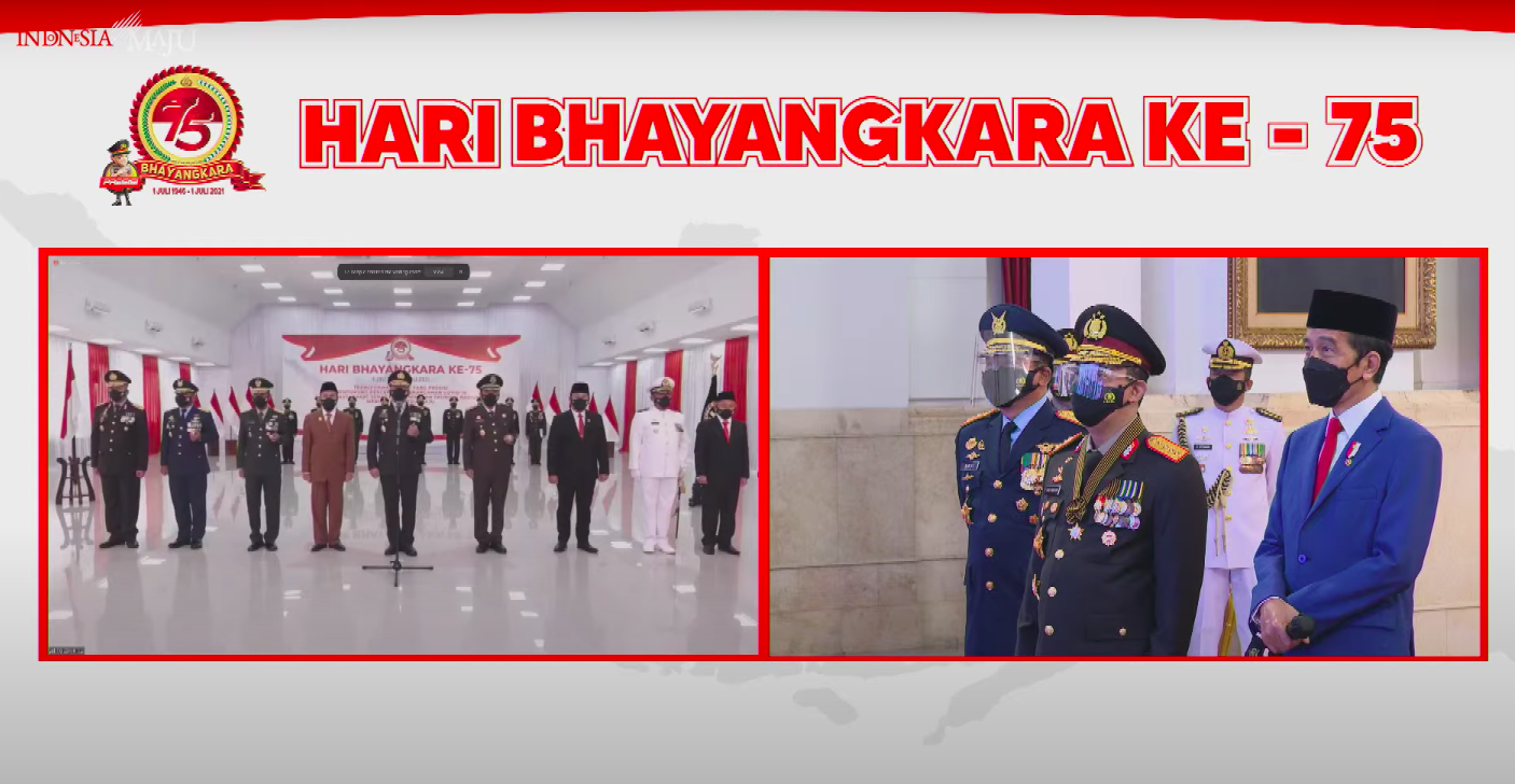 Presiden Jokowi berdialog dengan jajaran Polri melalui konferensi video, setelah Upacara Peringatan HUT ke-75 Bhayangkara, Kamis (01/07/2021) pagi, di Istana Negara, Jakarta. (Sumber: Tangkapan Layar YouTube Sekretariat Presiden)