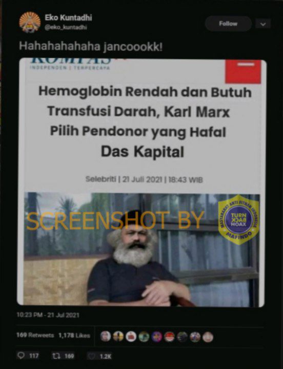[SALAH] Gambar Artikel Kompas berjudul "Hemoglobin Rendah dan Butuh Tranfusi Darah, Karl Marx Pilih Pendonor yang Hafal Das Kapital "