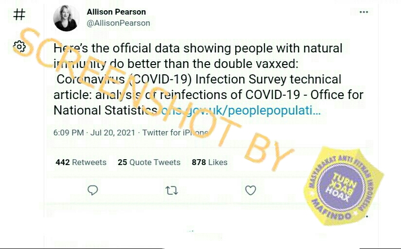 [SALAH] Orang yang Pernah Terinfeksi Covid-19 Memiliki Imunitas Lebih Baik Ketimbang yang Divaksin