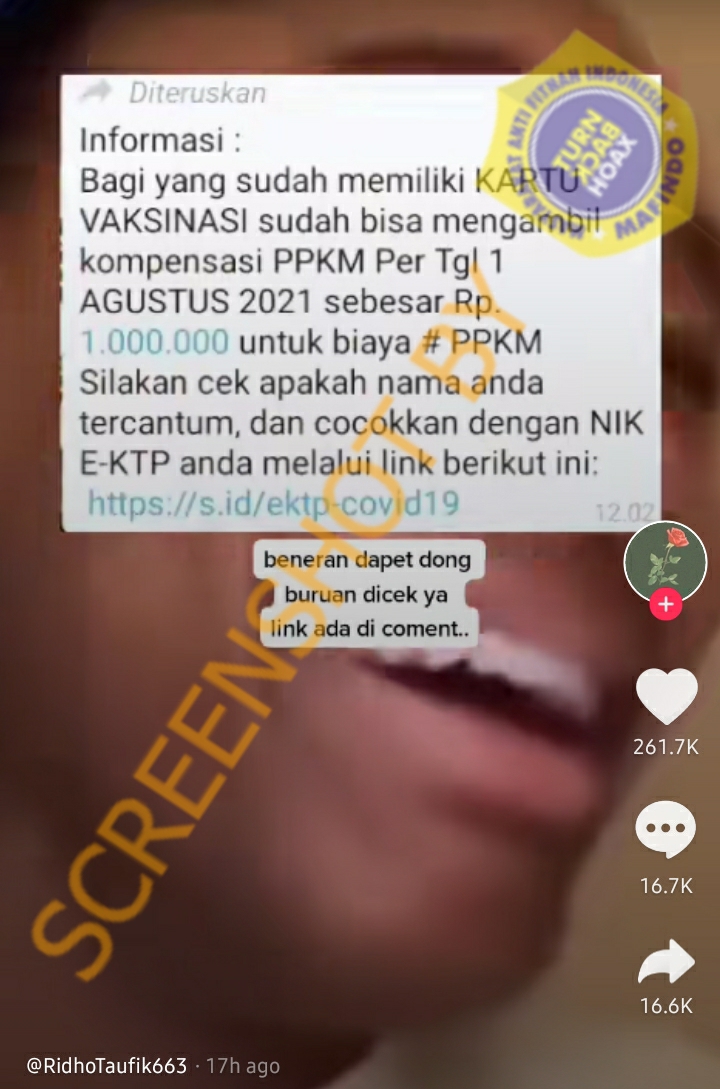 [SALAH] Bantuan PPKM Rp1 Juta Bagi Pemilik Sertifikat Vaksinasi