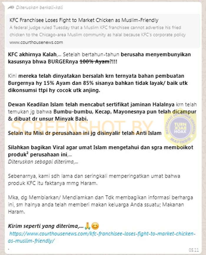 [SALAH] Burger Ayam KFC dan Bumbu-bumbunya Mengandung Babi