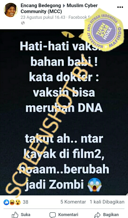 [SALAH] Vaksin Corona Mengandung Babi, Dapat Merubah DNA, dan Membuat Manusia Jadi Zombie