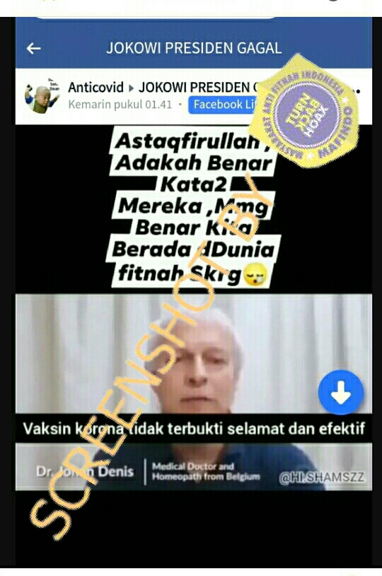 [SALAH] "Vaksin Corona Tidak Terbukti Aman dan Efektif, Coronavirus Sama seperti Flu Biasa, Ini adalah Pandemi Palsu"