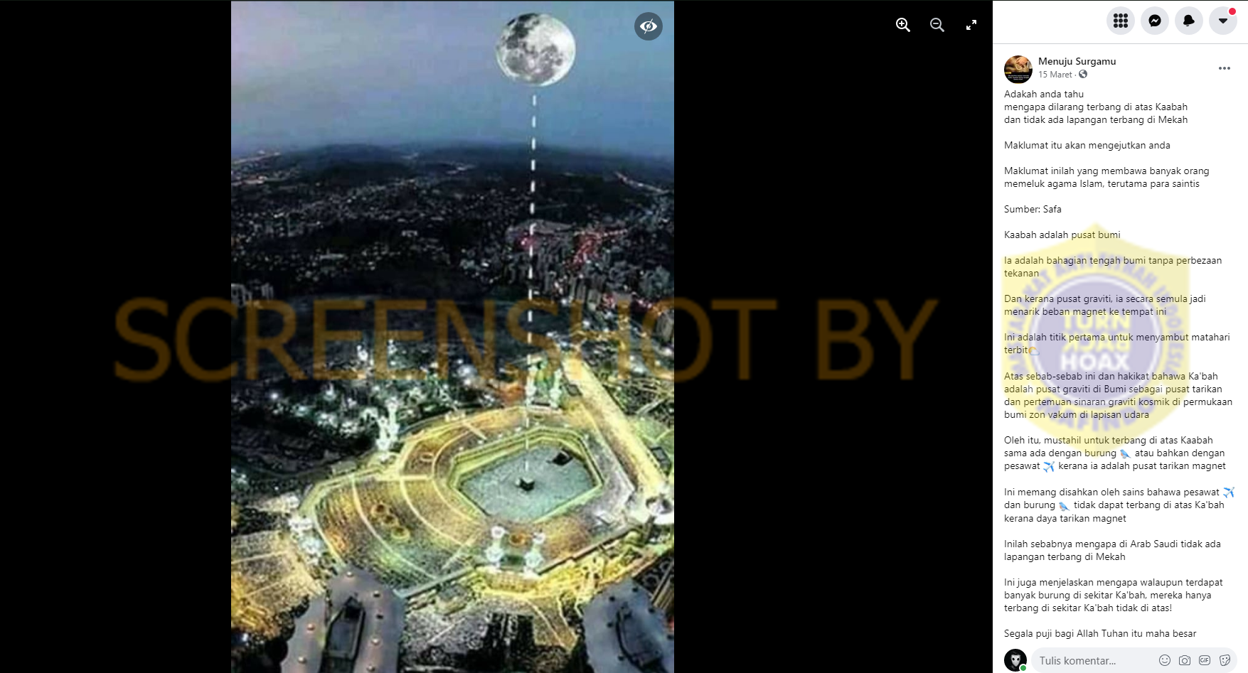 [SALAH] "Pesawat dilarang terbang di atas Ka'bah karena Ka'bah adalah pusat bumi dan pusat tarikan magnet"