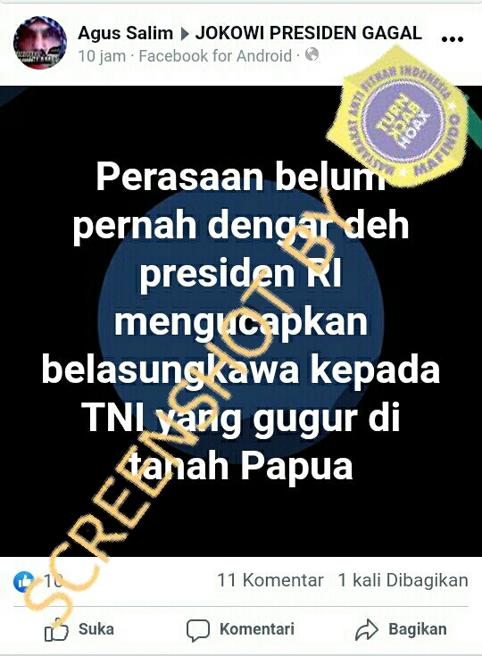 [SALAH] Tidak ada Presiden RI yang Mengucapkan Belasungkawa kepada TNI yang Gugur di Papua