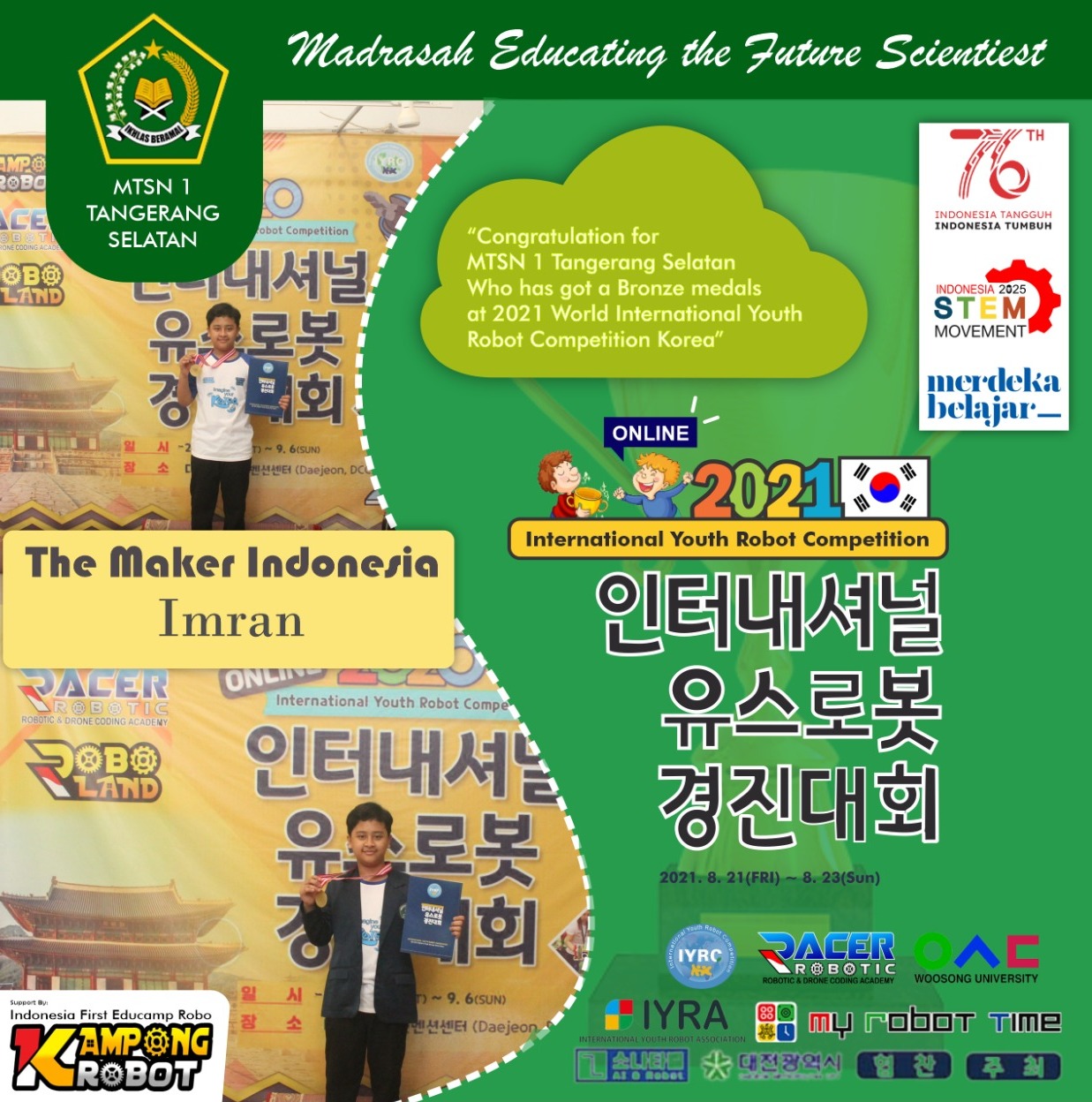 MIN 3 Tangsel dan MTsN 1 Tangsel Raih Juara Robotik Internasional di Korsel