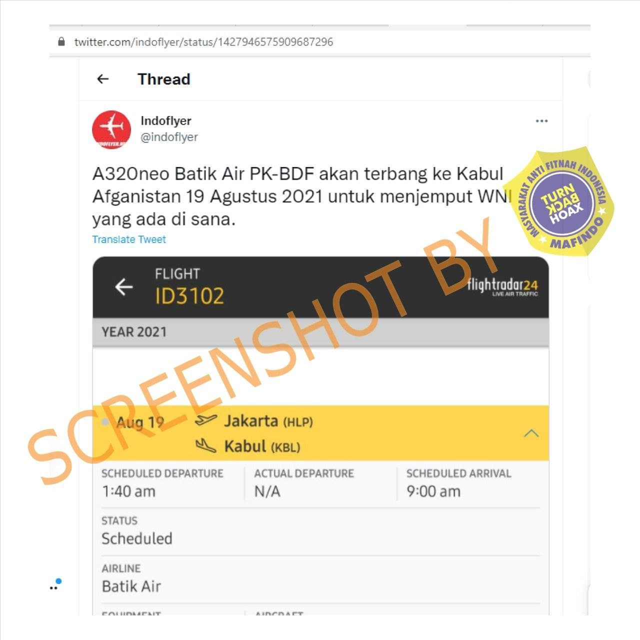 [SALAH] Maskapai Batik Air Terbang Menjemput WNI ke Afghanistan