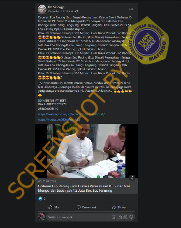 [SALAH] PT. Sinar Mas Membeli 1,2 Juta Box Eco Racing