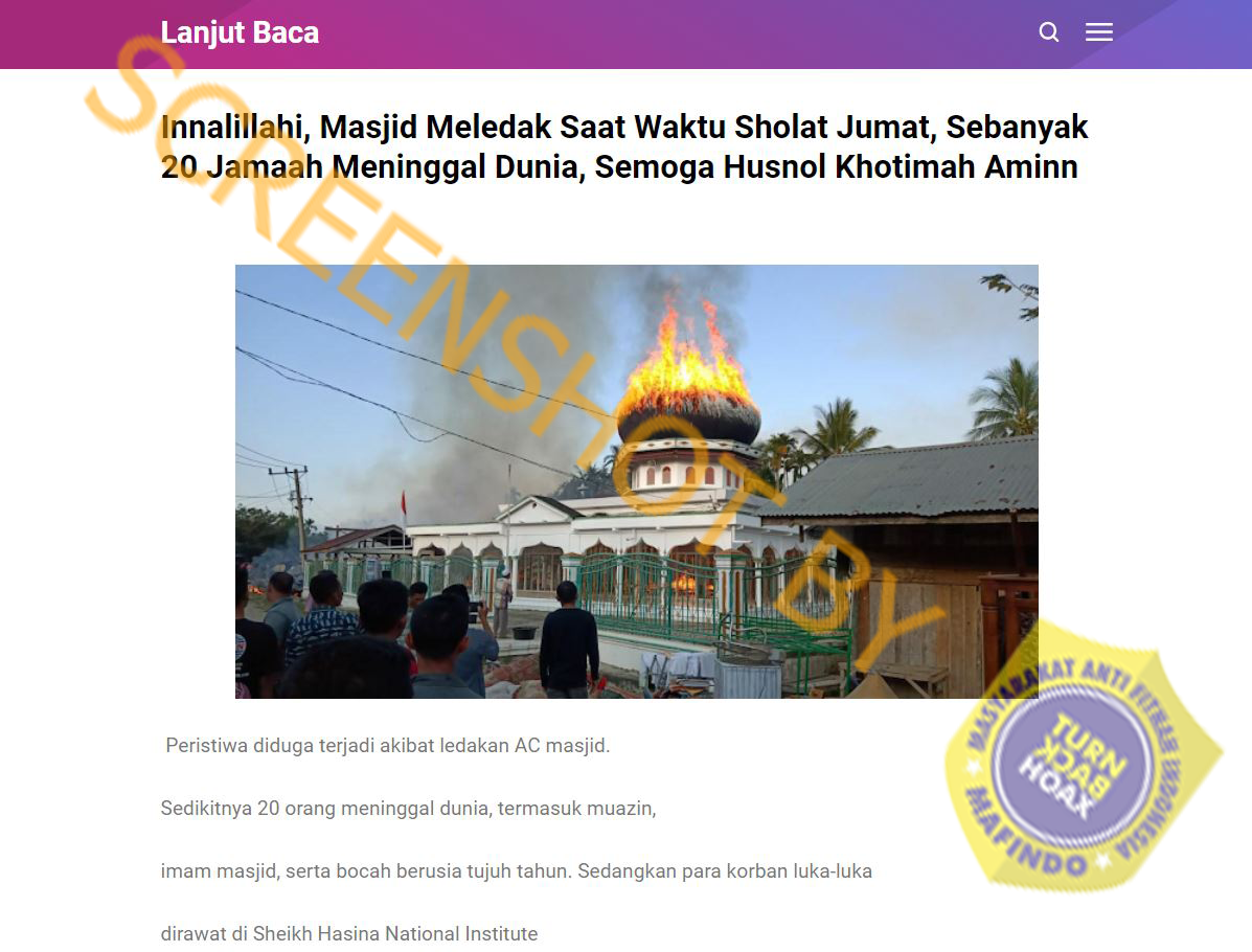 [SALAH] Artikel lanjutbaja.site: “Innalillahi, Masjid Meledak Saat Waktu Sholat Jumat, Sebanyak 20 Jamaah Meninggal Dunia, Semoga Husnol Khotimah Aminn”