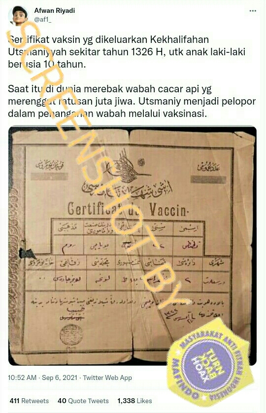 [SALAH] "Utsmaniy menjadi pelopor dalam penanganan wabah melalui vaksinasi"