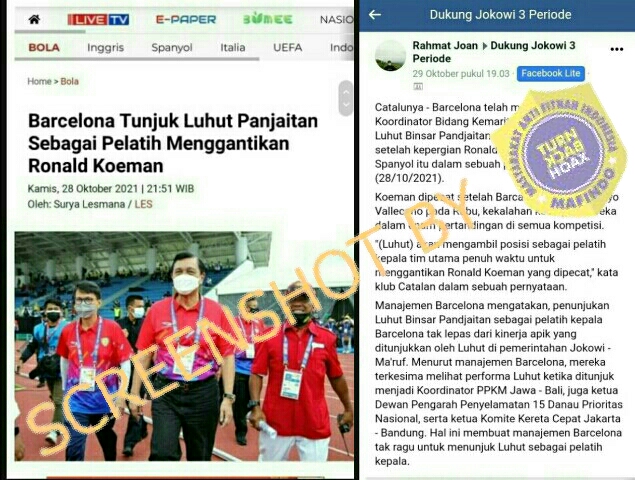 [SALAH] Artikel Berita Berjudul "Barcelona Tunjuk Luhut Panjaitan Sebagai Pelatih Menggantikan Ronald Koeman"