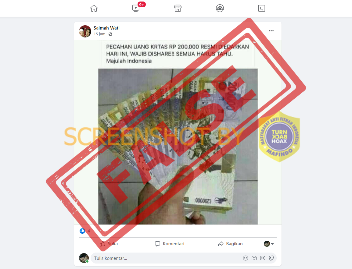 [SALAH] Foto "Pecahan Uang Kertas Rp200.000 Resmi Diedarkan Hari Ini"