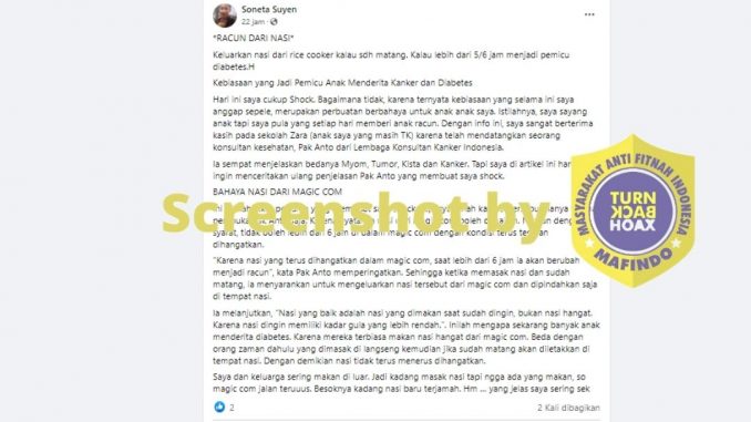 [SALAH] Bahaya Racun dari Nasi yang dimasak dengan Magiccom – TurnBackHoax.ID