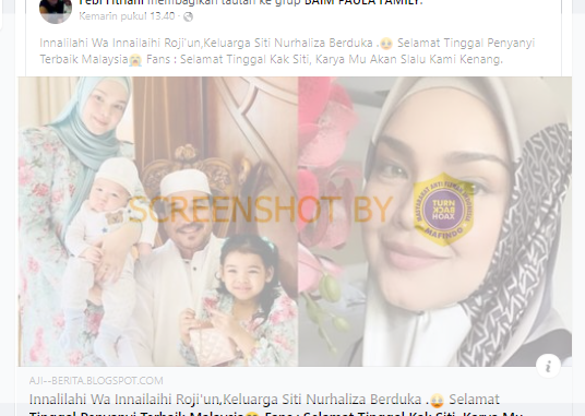 [SALAH] Siti Nurhaliza Meninggal Dunia – TurnBackHoax.ID
