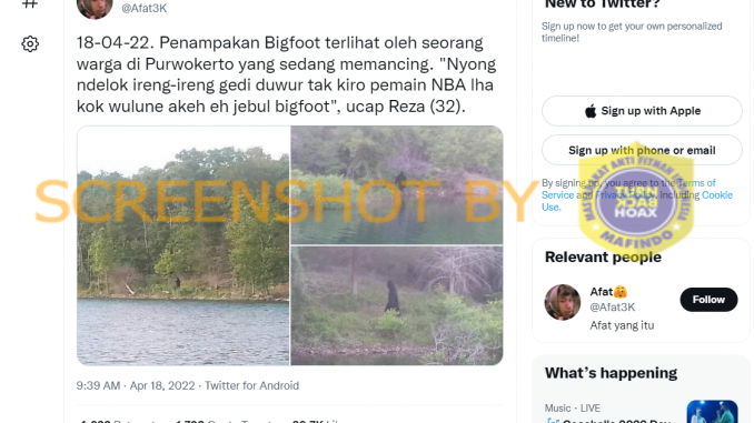 [SALAH] Foto “Penampakan Bigfoot terlihat oleh seorang warga di Purwokerto yang sedang memancing” – TurnBackHoax.ID