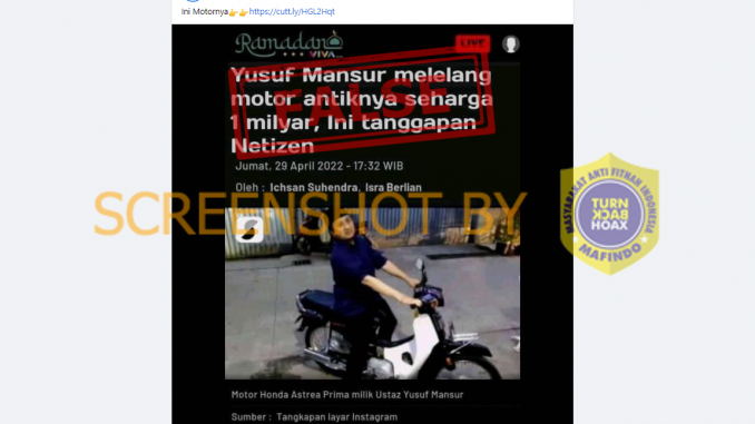 [SALAH] Artikel berjudul “Yusuf Mansur melelang motor antiknya seharga 1 milyar, Ini tanggapan Netizen”
