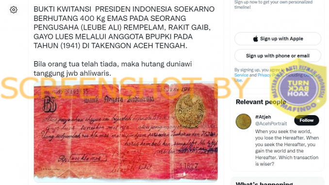 [SALAH] Foto Kwitansi Hutang Soekarno yang Diterbitkan Bank Negara Indonesia Tahun 1941