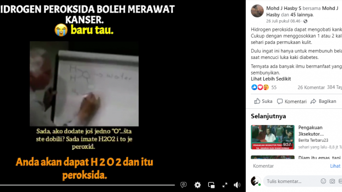 [SALAH] Hidrogen Peroksida Dapat Sembuhkan Kanker Jika Digosokkan ke Kulit