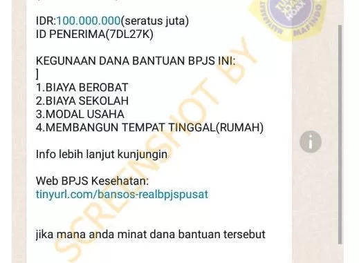 [SALAH] Pesan Whatsapp Bantuan BPJS Kesehatan Sebesar 100 Juta Rupiah