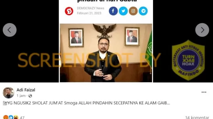 [SALAH] Gambar Tangkapan Layar Artikel “Menteri yaqut pikir-pikir dulu soal sholat Jumat pindah di hari Sabtu”