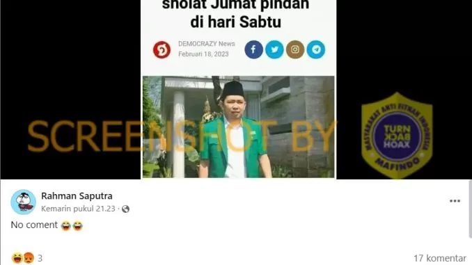 [SALAH] Gambar Tangkapan Layar Artikel DEMOCRAZY News “Petingi Ansor minta Ke menteri yakut sholat Jumat pindah di hari Sabtu”