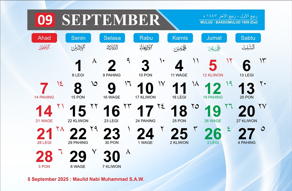 Kalender September 2025 (Masehi, Hijriyah, Jawa)